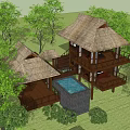 Two Story Detached Villa With Thatched Roof And Balconies Surrounded By Green Trees