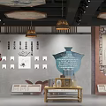 Traditional Exhibition Hall With Circular Decorative Paintings Wooden Shelves And Hanging Lamps