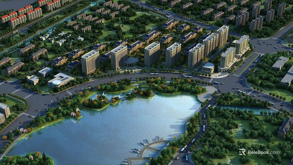 Aerial View Planning of Modern Residential Community With Central Lake Green Areas and Road Networks 3d model 