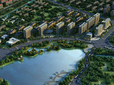 Aerial View Planning of Modern Residential Community With Central Lake Green Areas and Road Networks 3d model