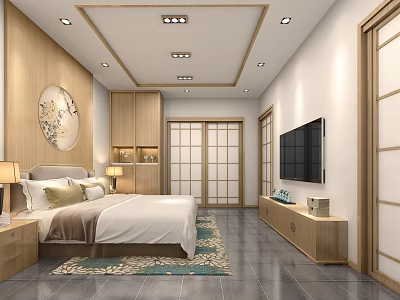 Japanese Style Hotel Guest Room With Wooden Furniture Sliding Doors And Circular Wall Art 3d model