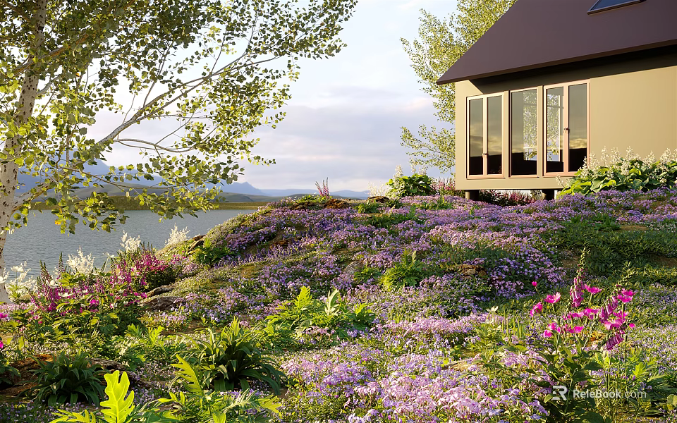 Beautiful Garden Landscape with Colorful Flowers Green Plants Hillside Lake and House 3d model 