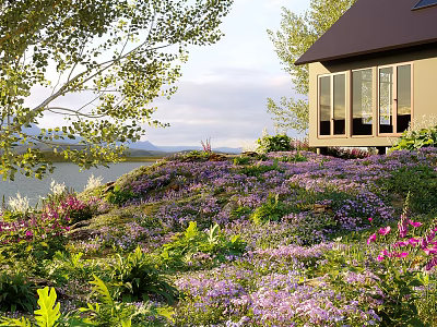 Beautiful Garden Landscape with Colorful Flowers Green Plants Hillside Lake and House 3d model