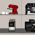 Modern Kitchen Appliances Featuring Red And Black Coffee Machines On Display Shelves