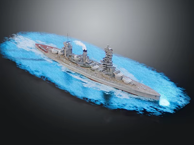 Detailed Battleship Model Floating on Blue Water Surface with Turrets and Chimney 3d model