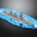 Detailed Battleship Model Floating on Blue Water Surface with Turrets and Chimney