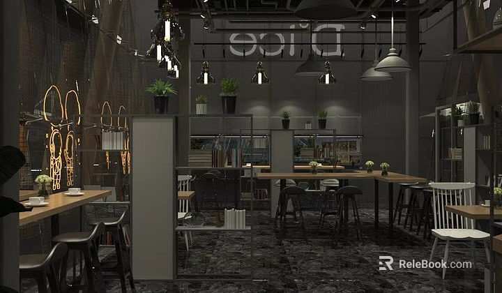 Modern Cafe Interior Design With Wooden Tables Chairs Hanging Lamps Green Plants And Bookshelves 3d model 