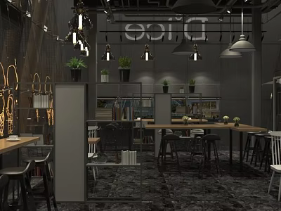 Modern Cafe Interior Design With Wooden Tables Chairs Hanging Lamps Green Plants And Bookshelves 3d model