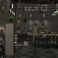 Modern Cafe Interior Design With Wooden Tables Chairs Hanging Lamps Green Plants And Bookshelves