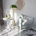 Light Blue Single Sofa with Patterned Wallpaper White Side Table and Golden Decorative Planter