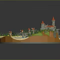 3D Scenic Castle Architecture Model with River Bridge Trees and Small Houses