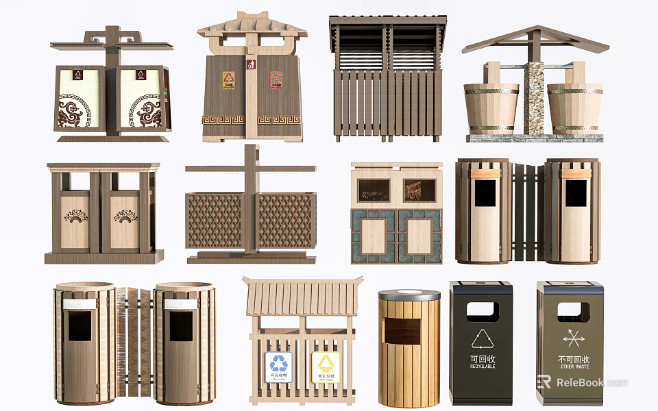 Public Trash Bins With Various Designs Including Wooden And Grid Styles For Outdoor Use 3d model 