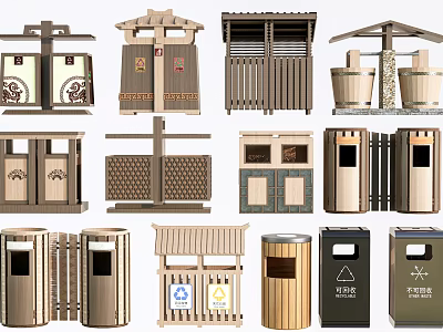 Public Trash Bins With Various Designs Including Wooden And Grid Styles For Outdoor Use 3d model