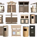 Public Trash Bins With Various Designs Including Wooden And Grid Styles For Outdoor Use