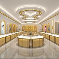 Elegant Modern Jewelry Store Interior With Gold Round Display Counters And Bright Lighting