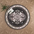 Round Rug With Intricate Floral Pattern On Wooden Floor With Potted Plant And Magazine