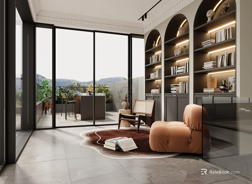 Modern Study Room With Large Windows Arched Bookshelves And Cozy Seating 3d model 