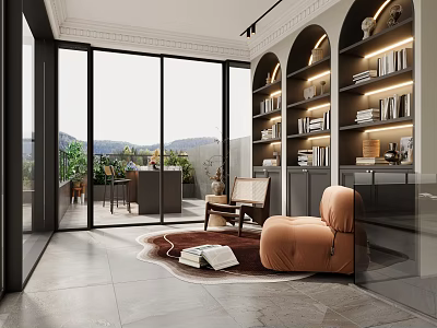 Modern Study Room With Large Windows Arched Bookshelves And Cozy Seating 3d model