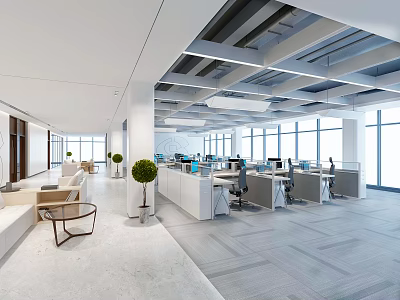 Modern Public Office Area Interior With Workstations Computers Large Windows And Green Plants 3d model