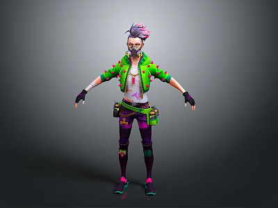 Other Stylized 3D Character Model With Pink Hair Green Jacket Purple Pants Goggles Utility Belt 3d model