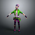 Other Stylized 3D Character Model With Pink Hair Green Jacket Purple Pants Goggles Utility Belt