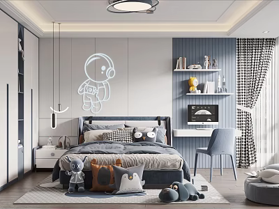 Modern Kids Room Interior With Astronaut Neon Light Bed Desk And Stuffed Toys 3d model