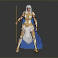 Woman in Golden Armor with White Hair Holding Staff and Blue Cape Standing