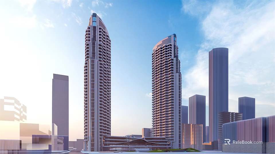 Modern High Rise Office Buildings With Glass Facade In Urban Skyline 3d model 