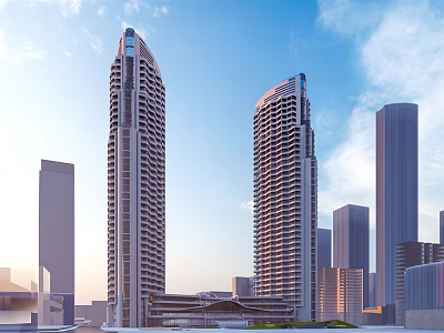 Modern High Rise Office Buildings With Glass Facade In Urban Skyline 3d model
