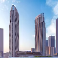 Modern High Rise Office Buildings With Glass Facade In Urban Skyline