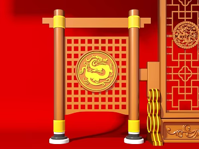 Chinese Style Swing Door Featuring Golden Dragon Pattern Lattice Design And Red Background 3d model