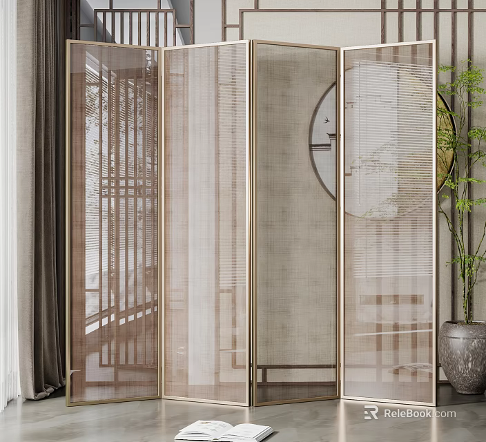 Elegant Modern Room Divider Screen With Metal Frame Woven Panels And Circular Accents 3d model 
