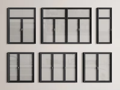 Black Frame Casement Windows With Transparent Glass Various Designs Displayed In Arrangement 3d model