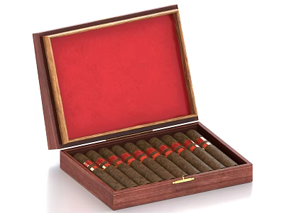 Delicious Chocolate Cigars in Open Wooden Box with Red Lining and Red Labels 3d model