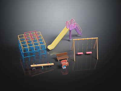 Colorful Children's Playground Equipment With Climbing Frame Slide Swings Seesaw Trolley And Bench 3d model