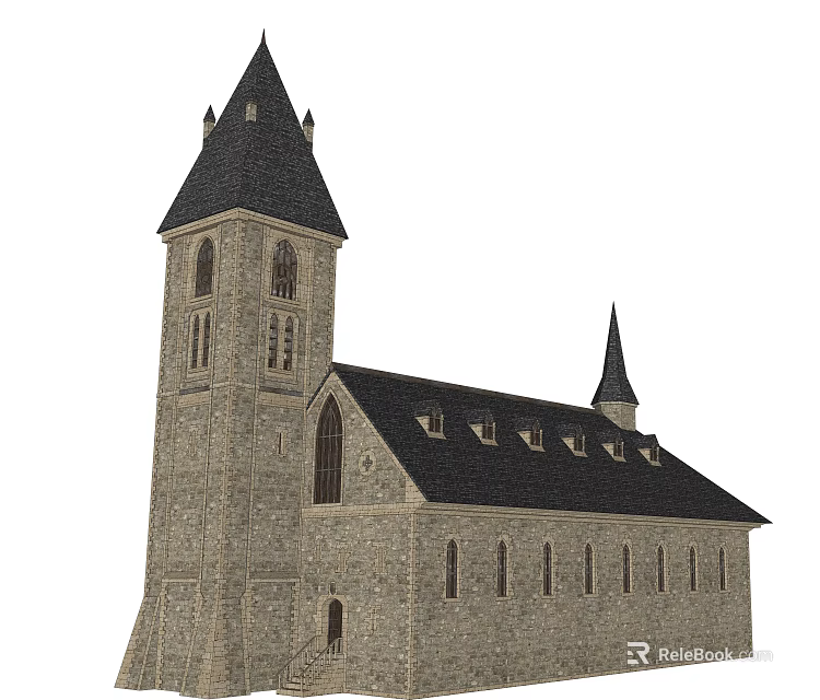 Ancient Historic Building With Stone Walls Spire Tower And Gothic Windows 3d model 