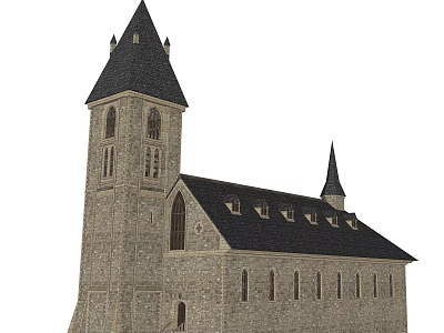 Ancient Historic Building With Stone Walls Spire Tower And Gothic Windows 3d model