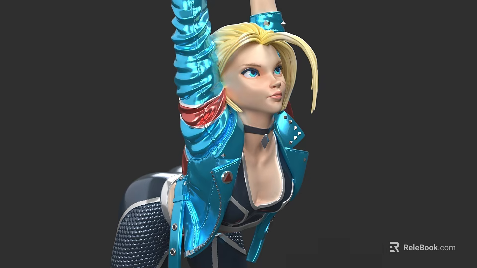 Blonde Game and Movie Character With Blue Leather Jacket Red Accents Black Choker Raised Arms 3d model 