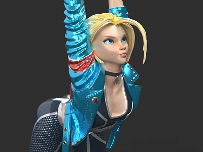 Blonde Game and Movie Character With Blue Leather Jacket Red Accents Black Choker Raised Arms 3d model