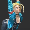 Blonde Game and Movie Character With Blue Leather Jacket Red Accents Black Choker Raised Arms