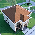 European Style Detached Villa Beige Exterior Red Roof Arched Windows With Green Trees And Lawn