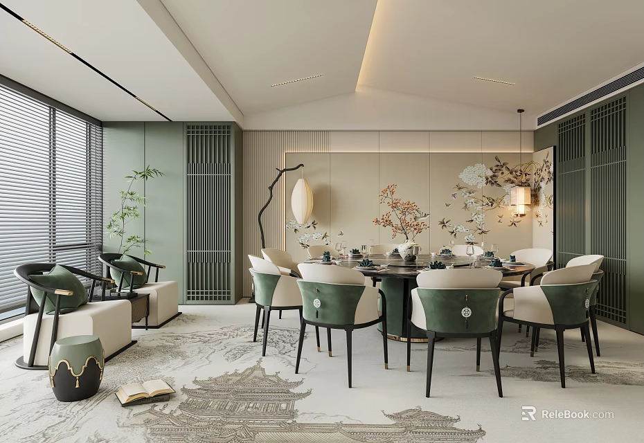 Elegant Oriental Private Dining Room With Traditional Decor Green Plants And Dining Table 3d model 