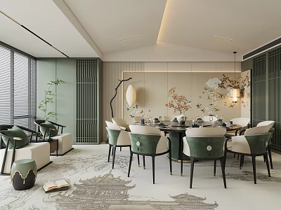 Elegant Oriental Private Dining Room With Traditional Decor Green Plants And Dining Table 3d model