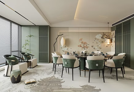 New Chinese Restaurant Box Round Dining Table and Chair Room Balcony Leisure Chair Song Dynasty Aesthetic Background Wall Floor Lamp Hanging Lamp 3d model