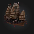 Traditional Wooden Sailing Ship with Multiple Canvas Sails and Red Flag Decoration on Dark Background