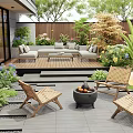 Modern Courtyard Garden With Wooden Deck Sofa Greenery Wicker Chairs Fire Pit And Lighting