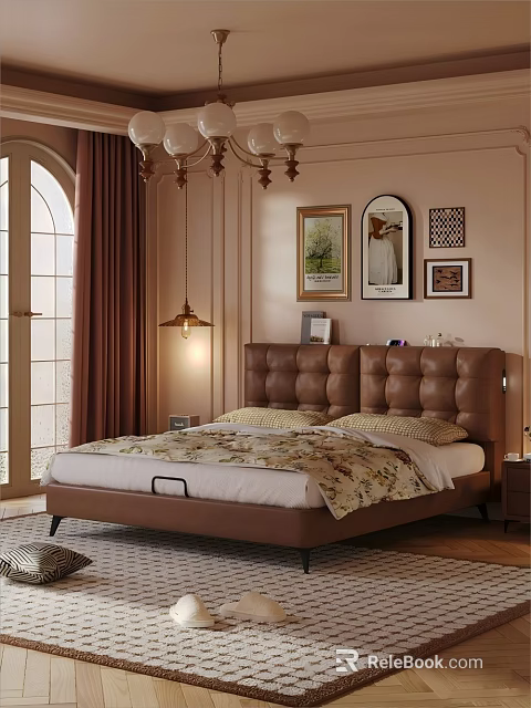 Elegant Bedroom Interior With Brown Leather Headboard Arched Window Chandelier And Decorative Paintings 3d model 
