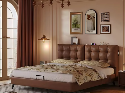 Elegant Bedroom Interior With Brown Leather Headboard Arched Window Chandelier And Decorative Paintings 3d model