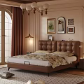 Elegant Bedroom Interior With Brown Leather Headboard Arched Window Chandelier And Decorative Paintings