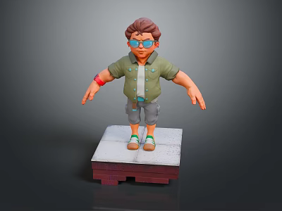 Man With Brown Hair Blue Glasses Green Jacket Gray Shorts Standing On White Platform Red Base 3d model